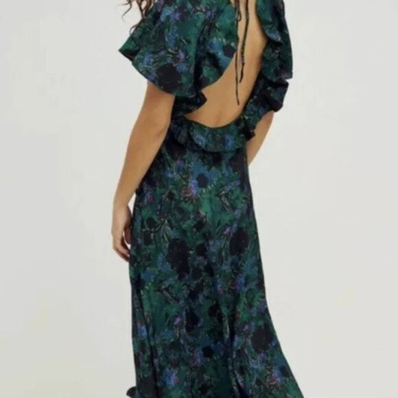 Free People Josephine Maxi Wrap Dress Green Floral Medium 100% Silk size large - Picture 3 of 5